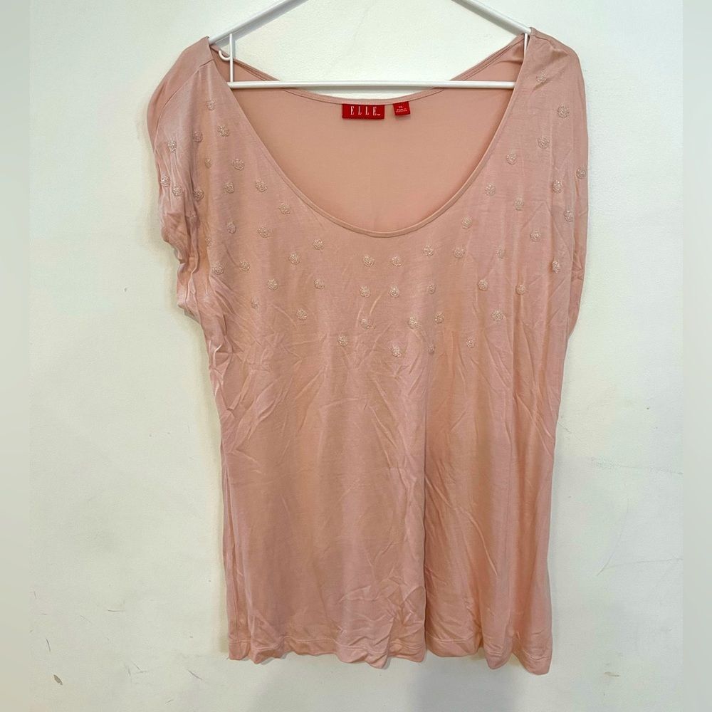 ELLE Women's XL Pink Short Sleeve Tee Shirt Top Blouse Beaded Ballet Pink